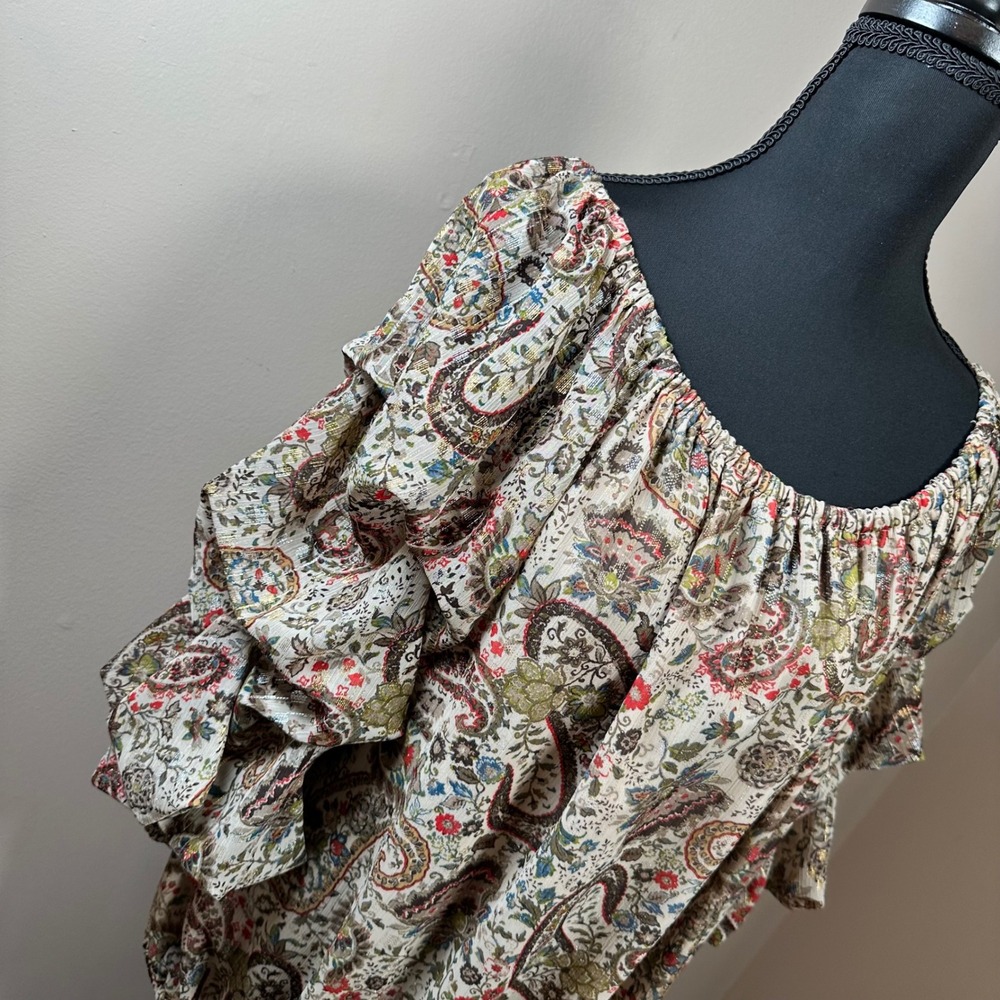 Vince Camuto 1X Paisley Blouse Ruffle Sleeve Tie Bottom Boho Chic Top‎